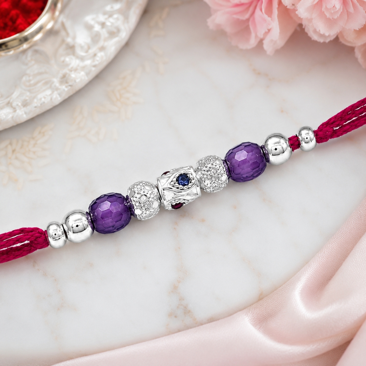 Silver Rakhi Purple Crystal And Charm Design For Mens